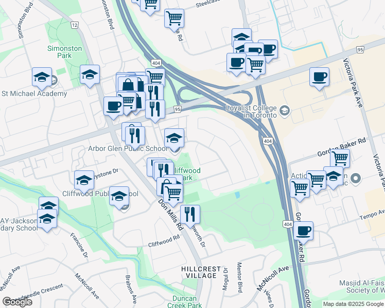 map of restaurants, bars, coffee shops, grocery stores, and more near 16 Applegate Crescent in Toronto