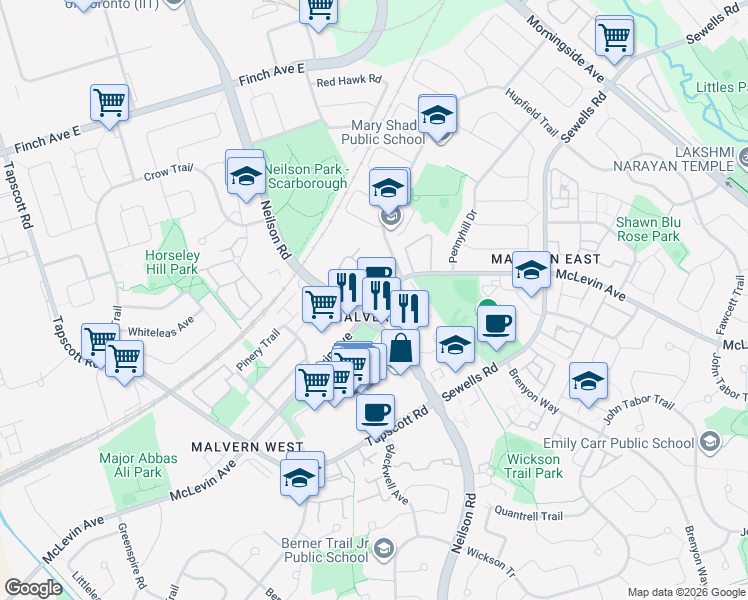 map of restaurants, bars, coffee shops, grocery stores, and more near 410 McLevin Avenue in Toronto