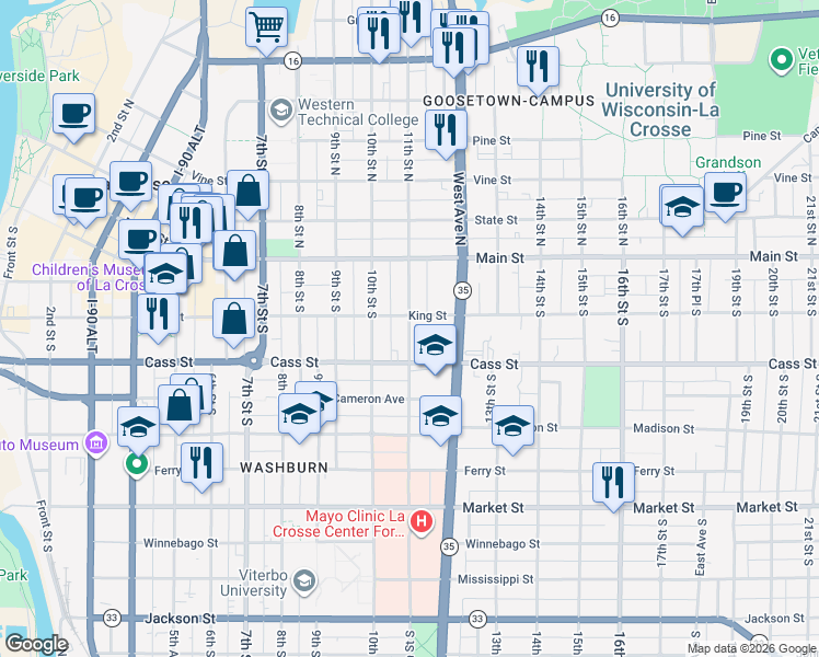map of restaurants, bars, coffee shops, grocery stores, and more near 211 11th Street South in La Crosse