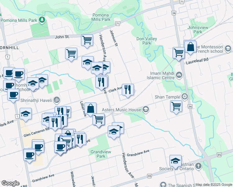 map of restaurants, bars, coffee shops, grocery stores, and more near 29 New Havens Way in Markham