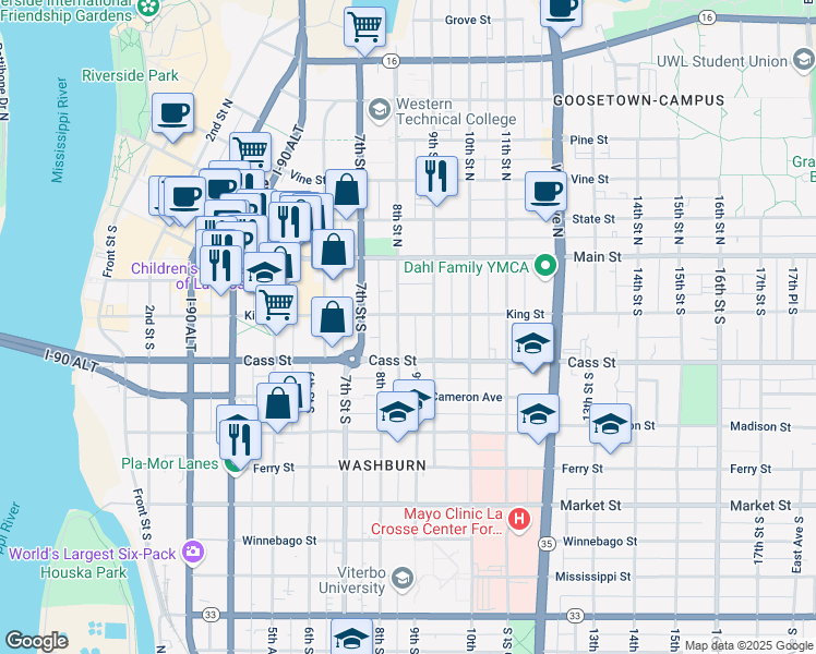 map of restaurants, bars, coffee shops, grocery stores, and more near 239 8th Street South in La Crosse