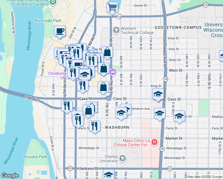 map of restaurants, bars, coffee shops, grocery stores, and more near 709 Cass Street in La Crosse