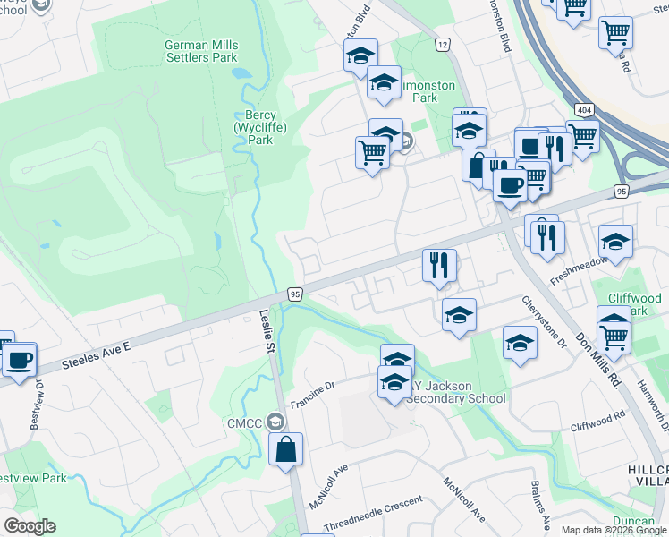 map of restaurants, bars, coffee shops, grocery stores, and more near 47 Aberfeldy Crescent in Markham