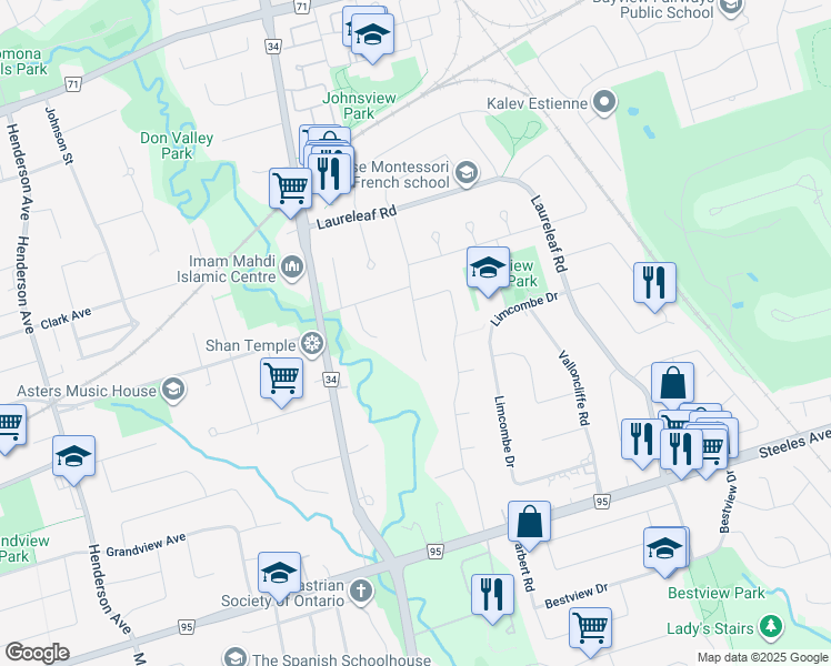 map of restaurants, bars, coffee shops, grocery stores, and more near 8 Doncrest Drive in Markham