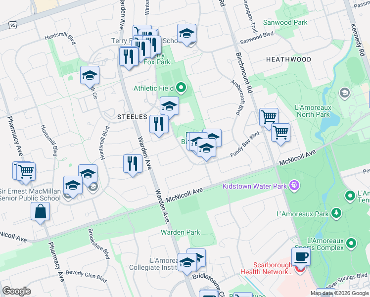 map of restaurants, bars, coffee shops, grocery stores, and more near 162 Fundy Bay Boulevard in Toronto