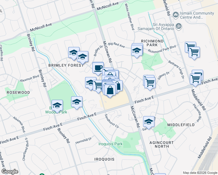 map of restaurants, bars, coffee shops, grocery stores, and more near 1571 Sandhurst Circle in Toronto