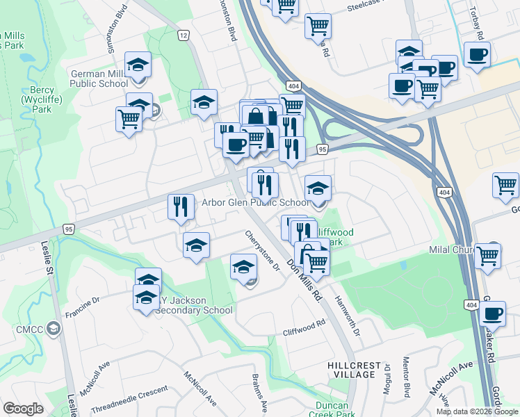 map of restaurants, bars, coffee shops, grocery stores, and more near 4001 Don Mills Road in Toronto