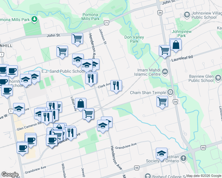 map of restaurants, bars, coffee shops, grocery stores, and more near in Markham