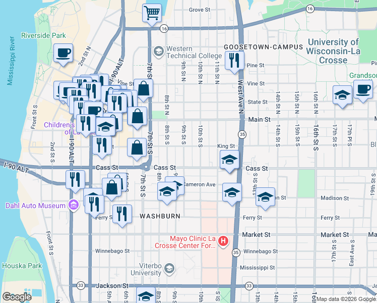 map of restaurants, bars, coffee shops, grocery stores, and more near in La Crosse