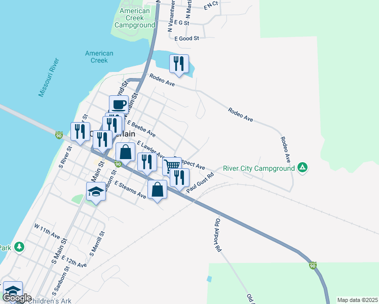 map of restaurants, bars, coffee shops, grocery stores, and more near 298-558 Prospect Ave in Chamberlain
