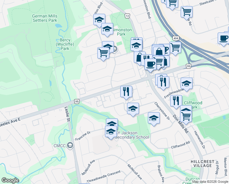 map of restaurants, bars, coffee shops, grocery stores, and more near 24 Purple Sageway in Toronto