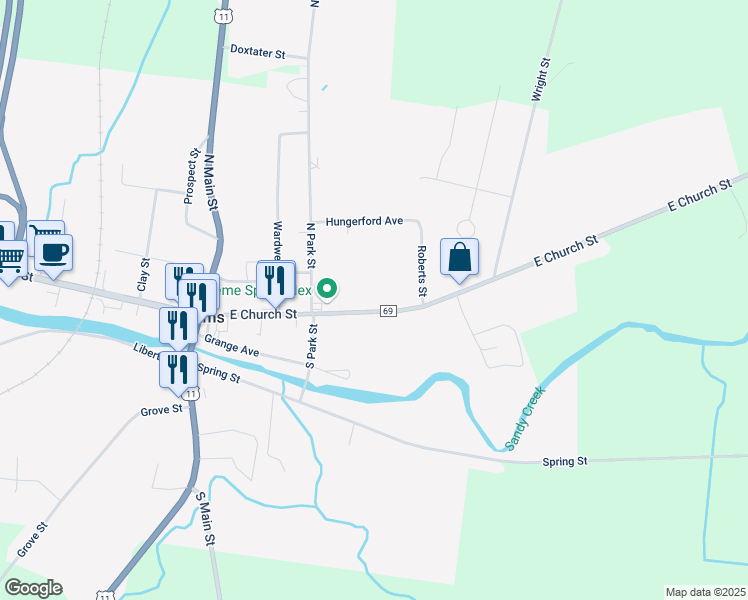 map of restaurants, bars, coffee shops, grocery stores, and more near 60 County Road 69 in Adams