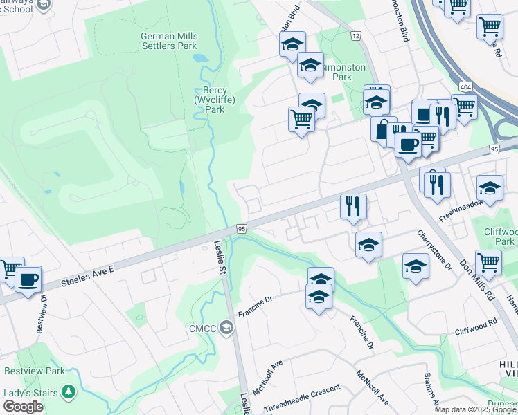 map of restaurants, bars, coffee shops, grocery stores, and more near 100 Quail Valley Crescent in Markham