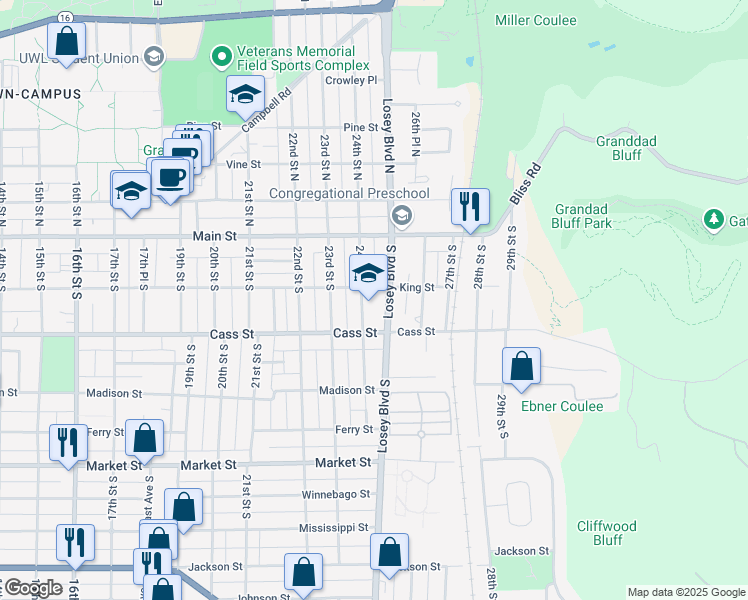 map of restaurants, bars, coffee shops, grocery stores, and more near 2404 King Street in La Crosse