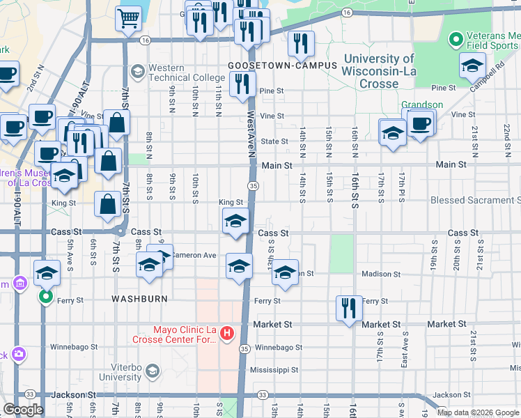 map of restaurants, bars, coffee shops, grocery stores, and more near 137 Wisconsin 35 in La Crosse