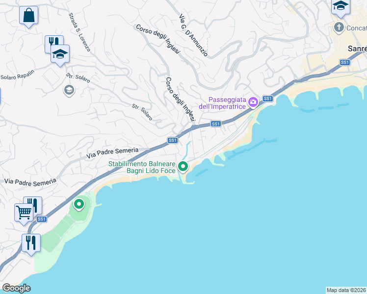 map of restaurants, bars, coffee shops, grocery stores, and more near 28 Corso Matuzia in Sanremo