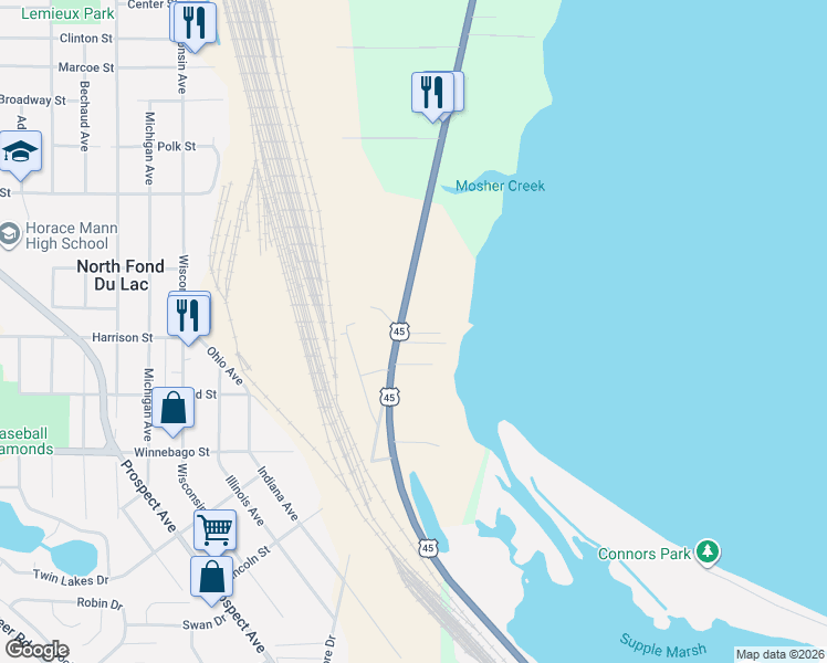 map of restaurants, bars, coffee shops, grocery stores, and more near N7431 Lakeshore Drive in Fond du Lac
