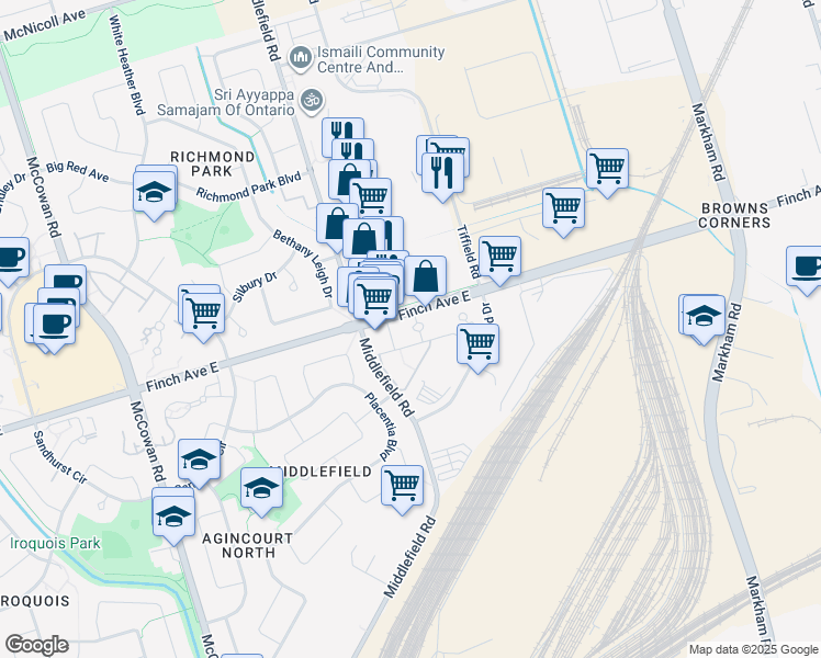 map of restaurants, bars, coffee shops, grocery stores, and more near 5225 Finch Avenue East in Toronto