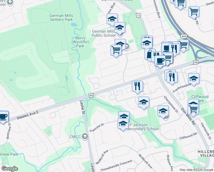 map of restaurants, bars, coffee shops, grocery stores, and more near 39 Aberfeldy Crescent in Markham