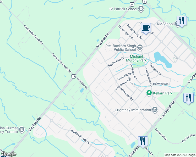 map of restaurants, bars, coffee shops, grocery stores, and more near 129 Squire Ellis Drive in Brampton