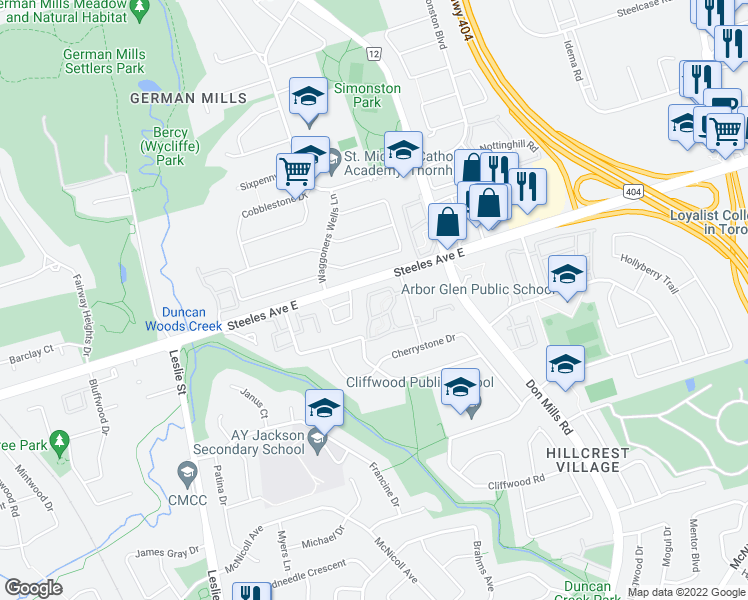 map of restaurants, bars, coffee shops, grocery stores, and more near 100 Jenny Wrenway in Toronto