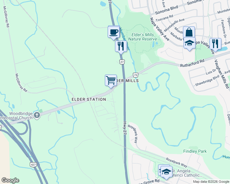 map of restaurants, bars, coffee shops, grocery stores, and more near in Vaughan