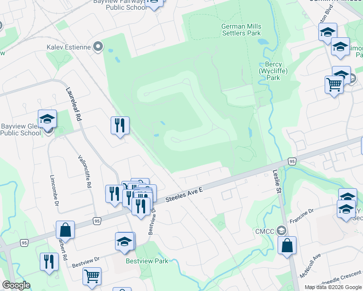 map of restaurants, bars, coffee shops, grocery stores, and more near 19 Fairway Heights Crescent in Markham