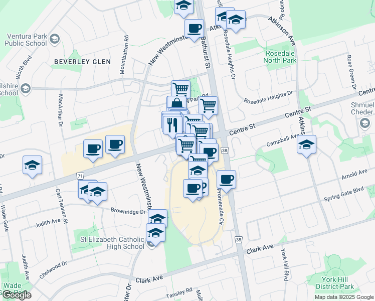 map of restaurants, bars, coffee shops, grocery stores, and more near 7700 Bathurst Street in Vaughan