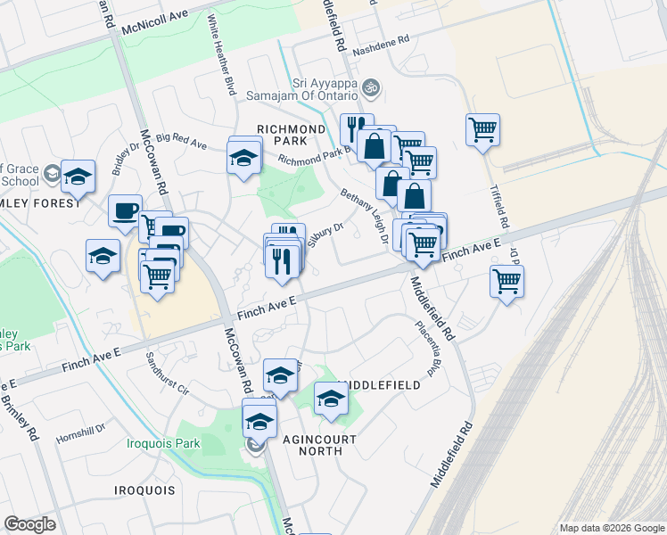 map of restaurants, bars, coffee shops, grocery stores, and more near in Toronto