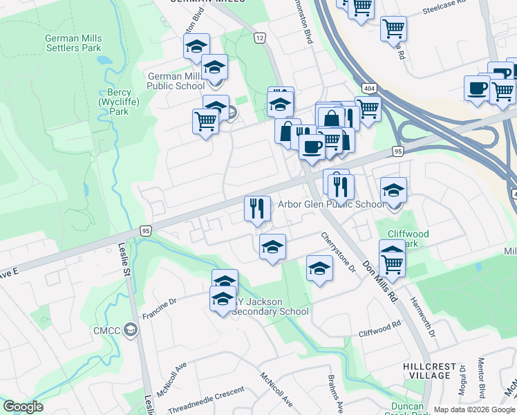map of restaurants, bars, coffee shops, grocery stores, and more near 102 Jenny Wrenway in Toronto