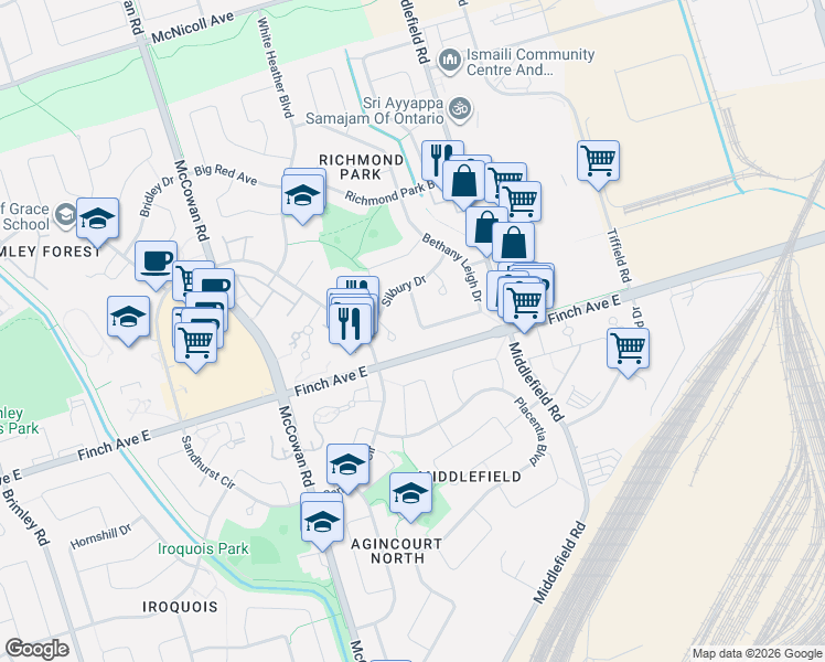map of restaurants, bars, coffee shops, grocery stores, and more near 25 Bethany Leigh Drive in Toronto