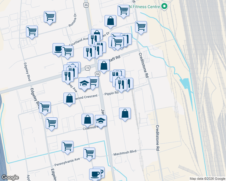 map of restaurants, bars, coffee shops, grocery stores, and more near 40 Pippin Road in Vaughan