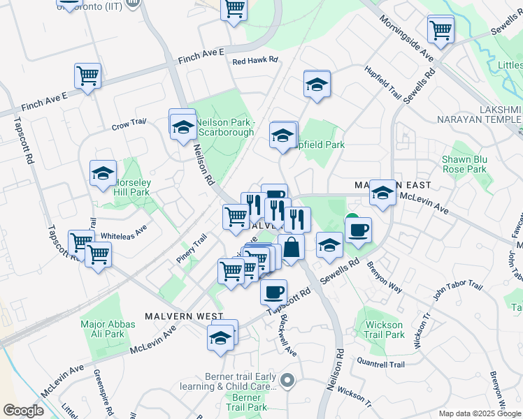 map of restaurants, bars, coffee shops, grocery stores, and more near 400 McLevin Avenue in Toronto