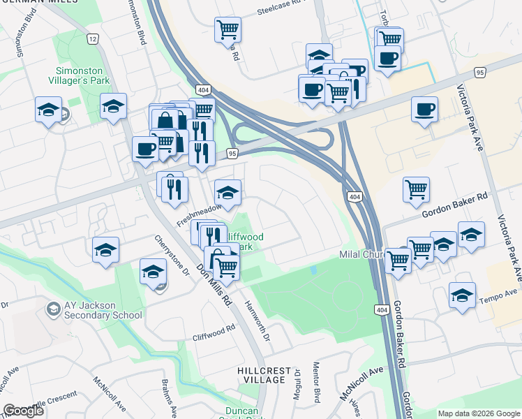 map of restaurants, bars, coffee shops, grocery stores, and more near in Toronto