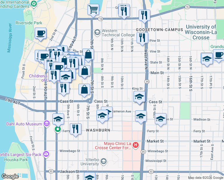 map of restaurants, bars, coffee shops, grocery stores, and more near 141 9th Street South in La Crosse