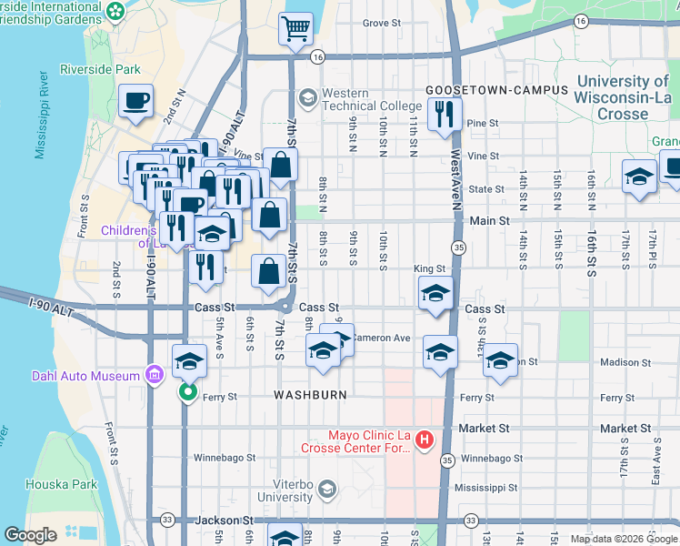 map of restaurants, bars, coffee shops, grocery stores, and more near 141 8th Street South in La Crosse