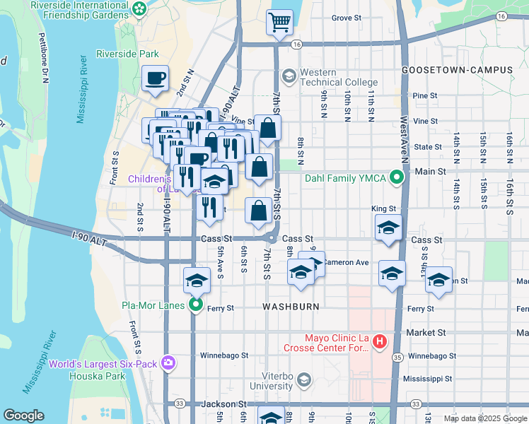map of restaurants, bars, coffee shops, grocery stores, and more near 141 6th Street South in La Crosse