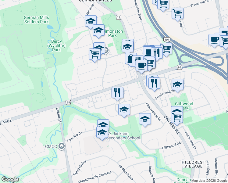 map of restaurants, bars, coffee shops, grocery stores, and more near 109 Jenny Wrenway in Toronto