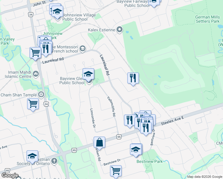 map of restaurants, bars, coffee shops, grocery stores, and more near 32 Laureleaf Road in Markham