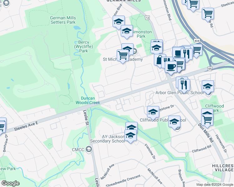 map of restaurants, bars, coffee shops, grocery stores, and more near 31 Aberfeldy Crescent in Markham