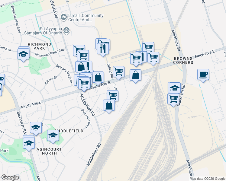map of restaurants, bars, coffee shops, grocery stores, and more near 90 Scottfield Drive in Toronto
