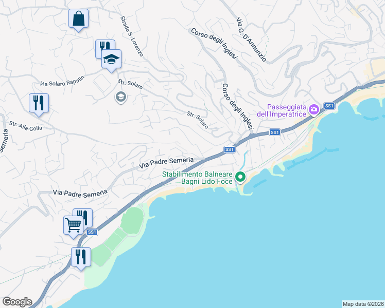 map of restaurants, bars, coffee shops, grocery stores, and more near 8 Strada Alla Colla in Sanremo