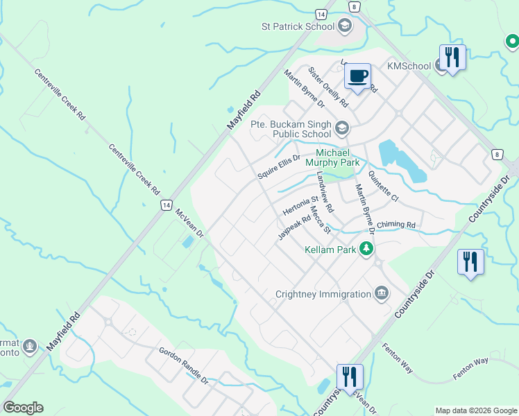map of restaurants, bars, coffee shops, grocery stores, and more near 6 Nadmarc Street in Brampton