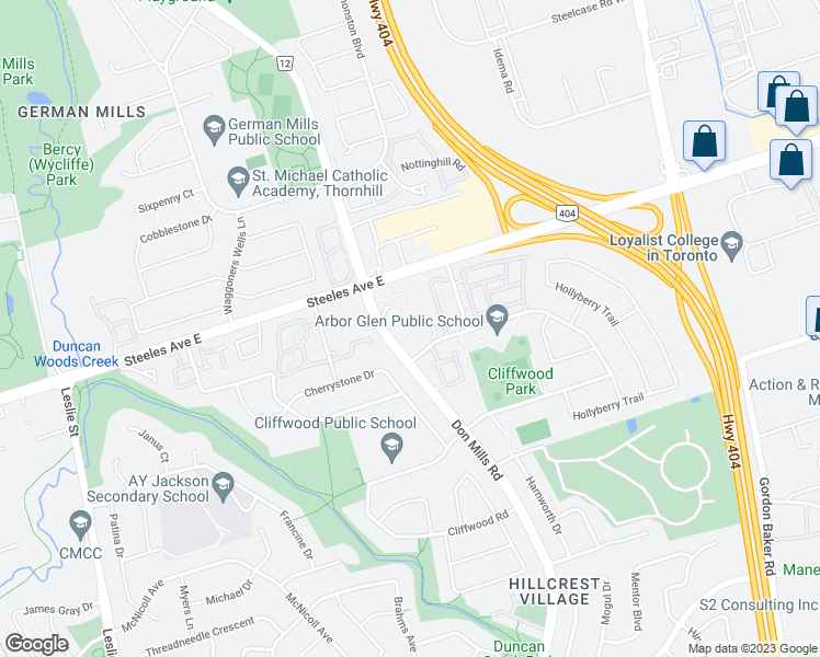 map of restaurants, bars, coffee shops, grocery stores, and more near 4005 Don Mills Road in Toronto
