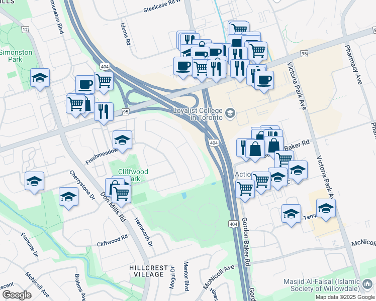 map of restaurants, bars, coffee shops, grocery stores, and more near 156 Hollyberry Trail in Toronto