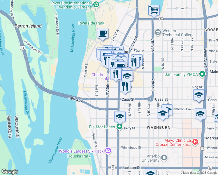 map of restaurants, bars, coffee shops, grocery stores, and more near 314 4th Street North in La Crosse