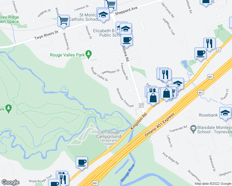 map of restaurants, bars, coffee shops, grocery stores, and more near 1038 Riverview Crescent in Pickering