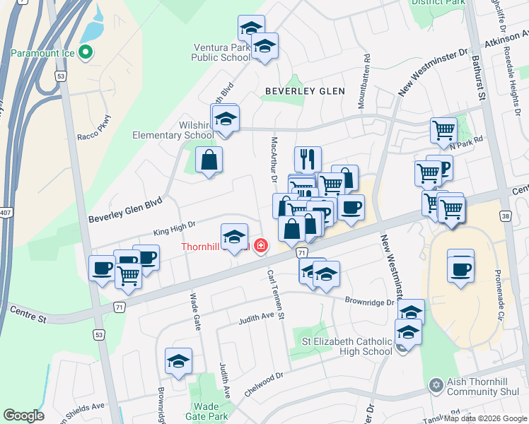 map of restaurants, bars, coffee shops, grocery stores, and more near 71 Vaughan Boulevard in Vaughan
