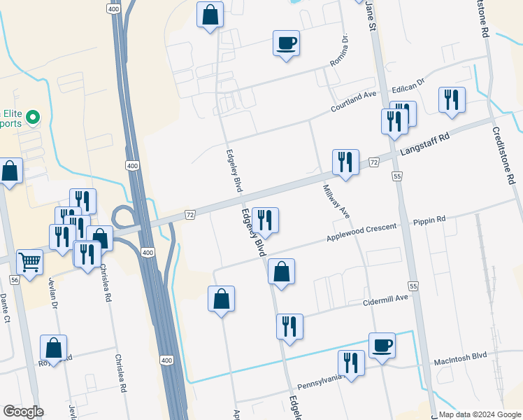map of restaurants, bars, coffee shops, grocery stores, and more near 3301 Langstaff Road in Vaughan