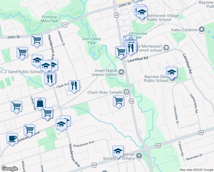 map of restaurants, bars, coffee shops, grocery stores, and more near in Markham